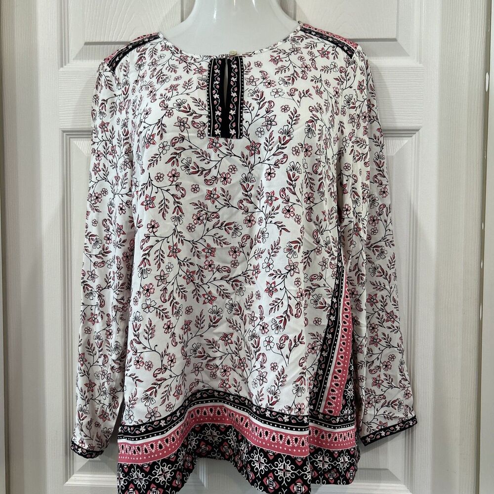J Jill Blouse Floral Tunic M Top Keyhole Neck Border Print Pink Black Ivory